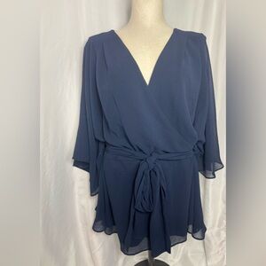 Elegant Blue Wrap Blouse sheer elegant classic navy special occasion XXL NWT